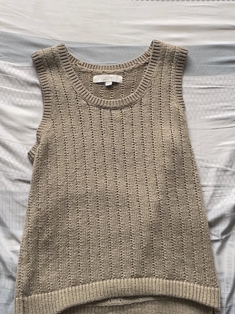 LOFT Taupe Open-Knit Crewneck Sweater Tank